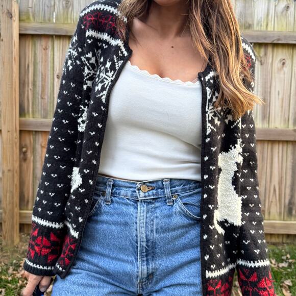 Vintage J.Jill Alpine Reindeer Cardigan Christmas Holiday Sweater - Picture 1 of 9